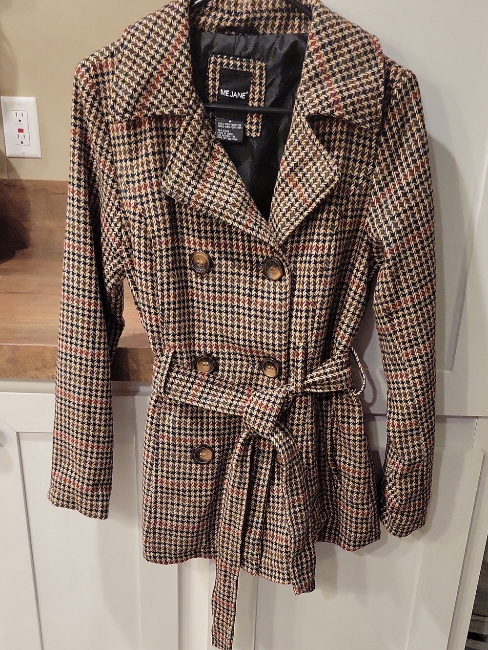 Me Jane Brown Multi Houndstooth Belted Trench Coat